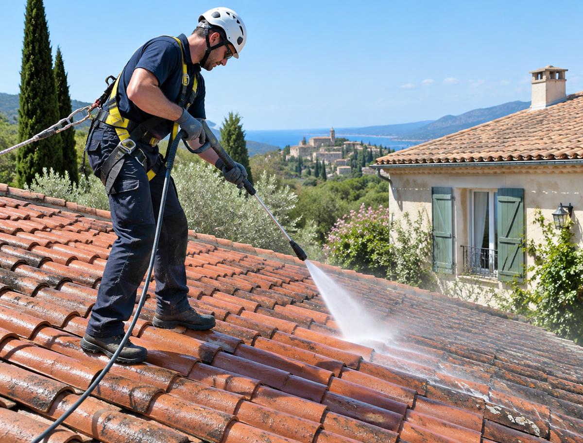 Artisan harnaché sur une toiture